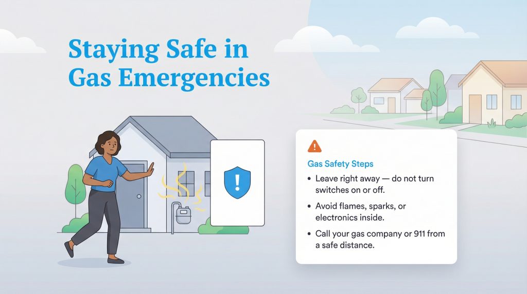 Illustration of a woman running from a house with a gas meter, next to a list of gas safety steps.