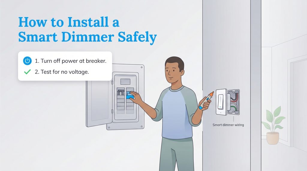 An illustration of someone turning off the power at a breaker and testing a switch with a voltage pen.