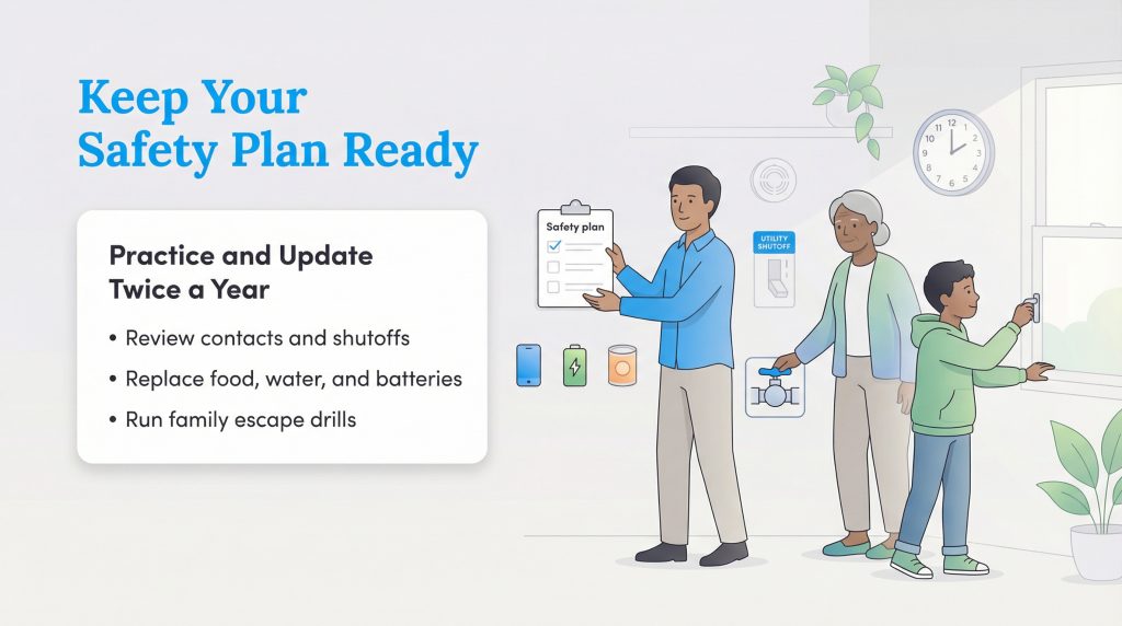 Family practicing safety plan tasks like checking utilities and escape routes.