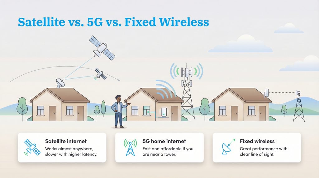 A diagram comparing how satellite, 5G home internet, and fixed wireless internet connect to homes.