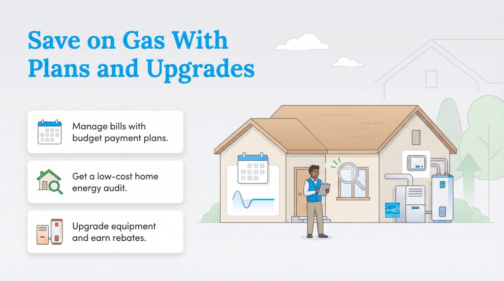 An infographic illustrating how to save on gas bills through payment plans, audits, and upgrades.