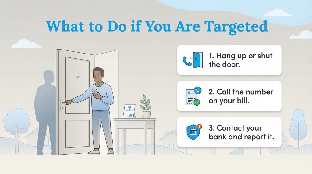 A man at a door with a shadow figure outside and a three-step guide on what to do if targeted by a scam.