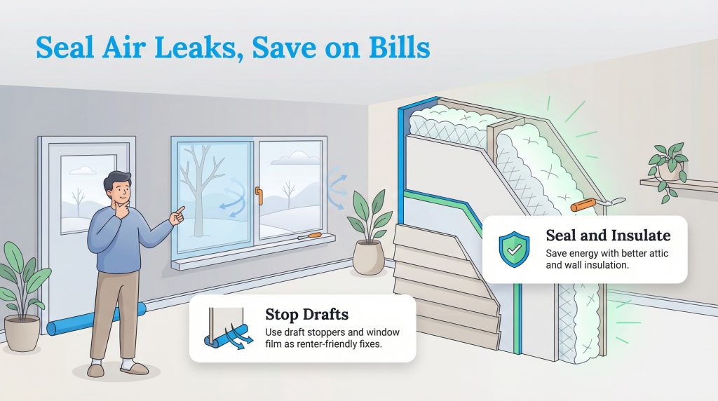 Diagram showing a man using draft stoppers and window film to seal leaks, alongside a wall cross-section illustrating insulation.