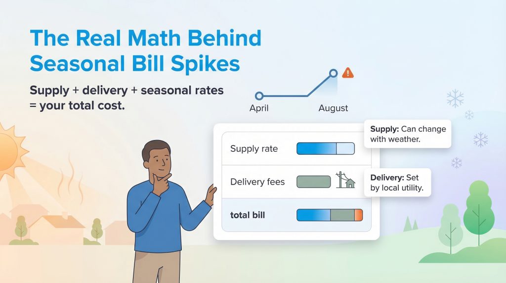 Infographic showing how weather affects variable supply rates, adding to fixed delivery fees for the total utility cost.