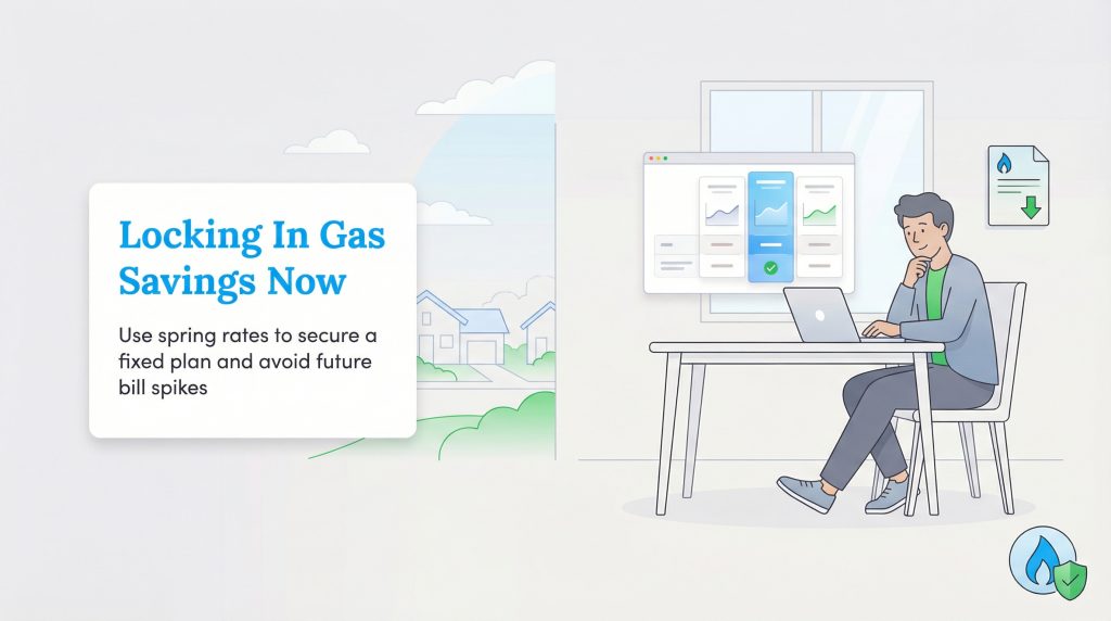 An illustration of a man on a laptop securing a fixed natural gas plan to lock in spring savings.