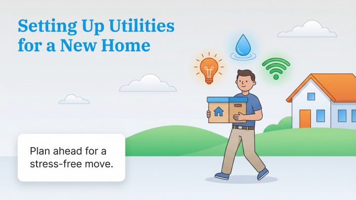 Illustration of a man carrying a box to a new house, with utility icons and text about planning ahead.