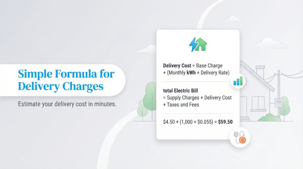 Infographic showing formulas and an example calculation for electric utility delivery charges.