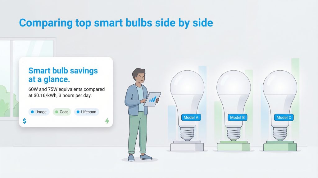 An infographic comparing the savings, cost, and lifespan of three smart bulbs side-by-side.