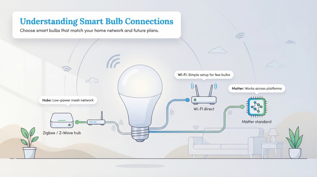 Infographic illustrating Hubs, Wi-Fi, and Matter connections for smart bulbs in a home network.