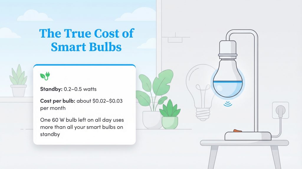 Infographic showing that smart bulbs have a very low standby power cost of a few cents per month.