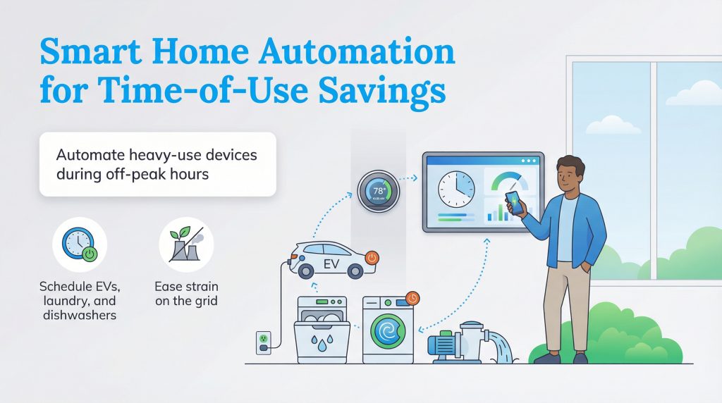Man with smartphone automating home appliances like EV, washer, and pump for off-peak hours.