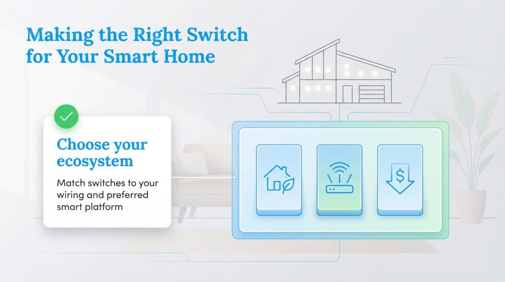 Graphic showing a two-step process for choosing a smart home switch ecosystem.