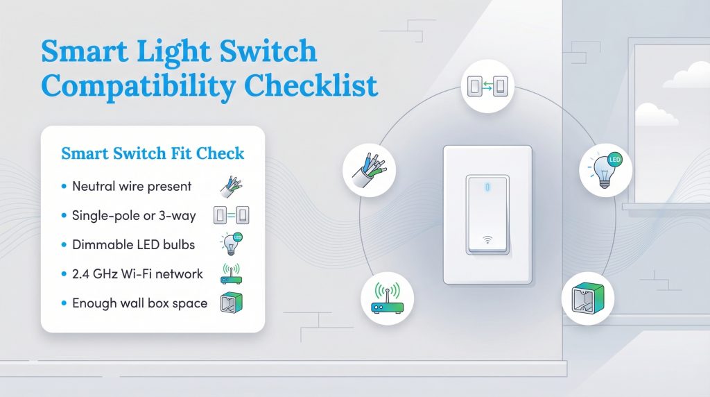Smart light switch compatibility checklist infographic with icons for electrical, bulb, and network requirements.