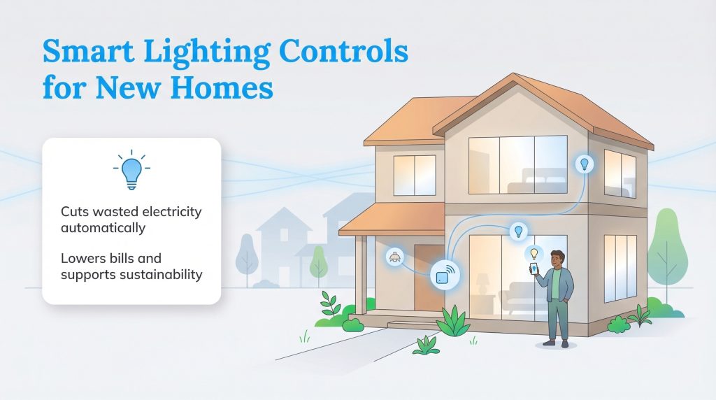 Illustration depicting smart lighting benefits for new homes: cutting waste and lowering bills.