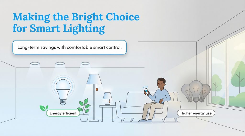 An infographic shows a person controlling an energy-efficient smart bulb with a phone, contrasted with older, higher-energy bulbs.