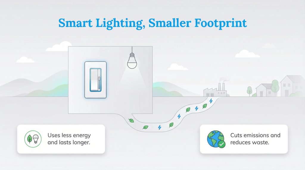 A graphic showing a smart switch and LED bulb reducing energy, cutting emissions from a power plant, and lowering waste.