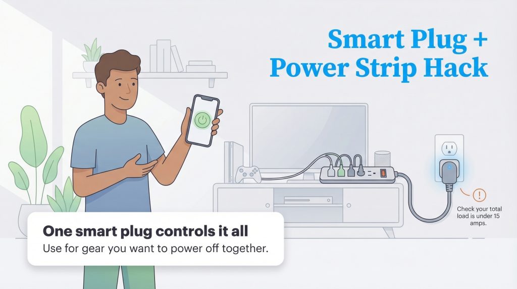 A man holds a phone with a power icon, showing how a smart plug connected to a power strip controls multiple devices.