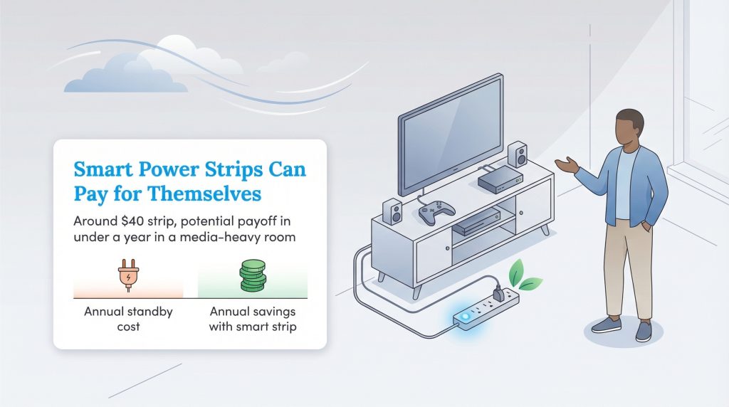 Illustration showing how a smart power strip can pay for itself through annual standby savings.