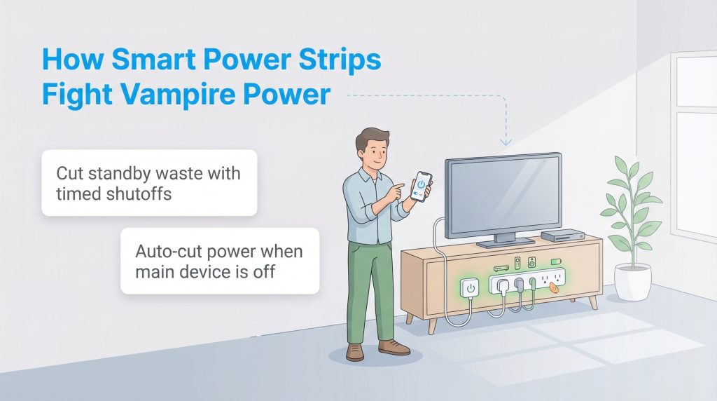 Illustration of a man controlling a smart power strip via phone to cut power to unused electronics.