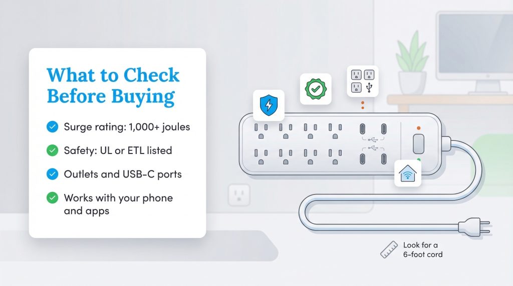 Infographic checklist for smart power strips: surge rating, safety, outlets, and phone compatibility.