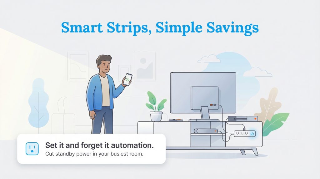 A man uses a smartphone to manage a smart power strip, automating power to a TV and devices.