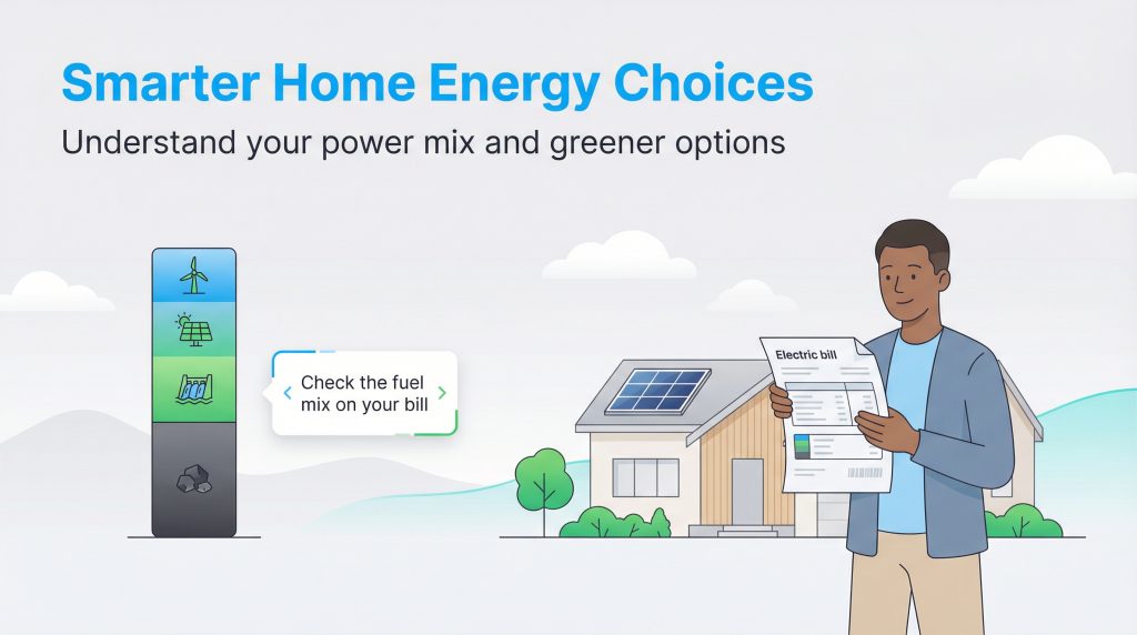Man checking electric bill for fuel mix next to a house with solar panels and energy source graphic.