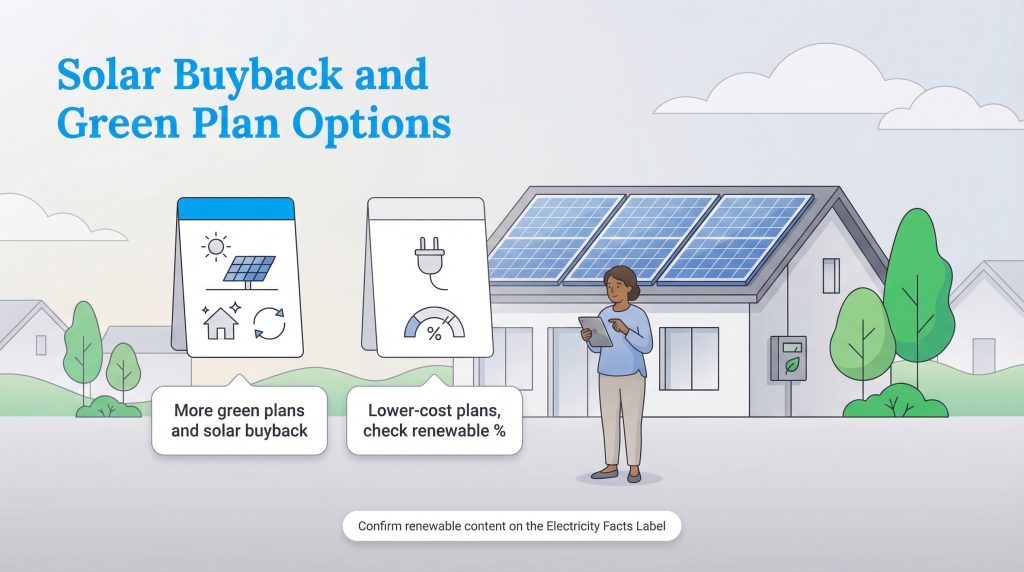 Woman with tablet in front of solar-paneled house, with text boxes comparing green plan options.