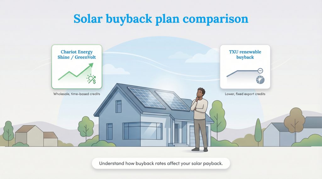 Illustration comparing Chariot Energy's time-based solar buyback credits versus TXU's lower, fixed export credits.