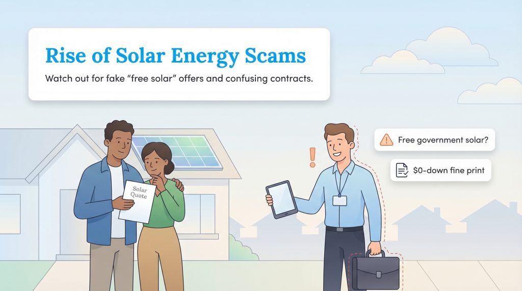 Infographic showing a salesperson with warning signs offering fake 'free solar' deals to a couple.