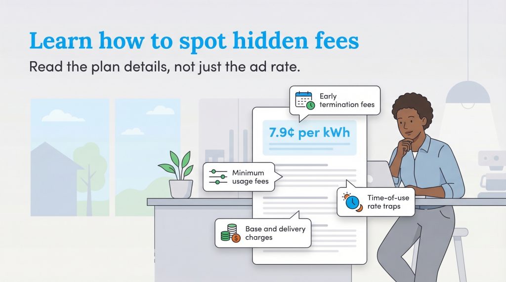 A woman at a laptop reviews an energy plan document with callouts for hidden fees like early termination and minimum usage.