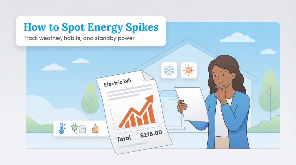 Woman analyzes electric bill with rising graph, icons for weather and standby power, and text about spotting energy spikes.