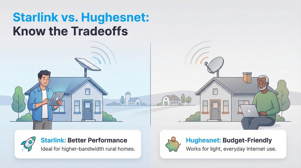 A split image shows a man with a Starlink dish, labeled Better Performance, and an older man with a Hughesnet dish, labeled Budget-Friendly.