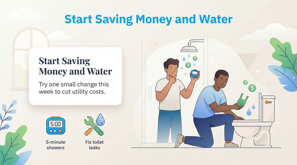 Infographic showing tips to save money and water: taking 5-minute showers and fixing toilet leaks.