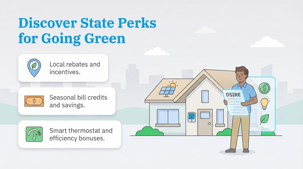 Infographic listing three state perks for going green next to a man holding a DSIRE document outside a house.
