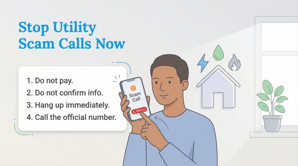 An infographic with a man hanging up on a scam call and a four-step list to prevent utility scams.