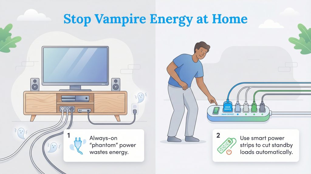 Infographic illustrating how a smart power strip can automatically cut vampire energy from home devices.