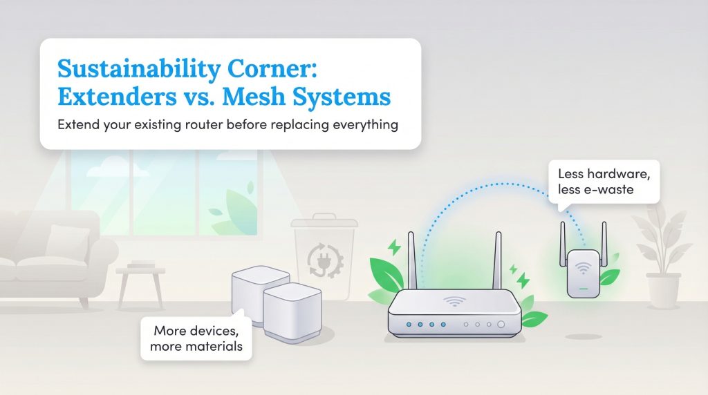 Infographic comparing Wi-Fi extenders (less e-waste) and mesh systems (more materials).