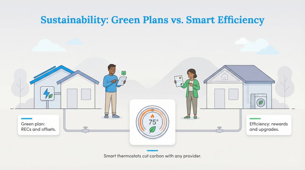 Illustration comparing green energy plans (RECs, offsets) with efficiency rewards and upgrades.