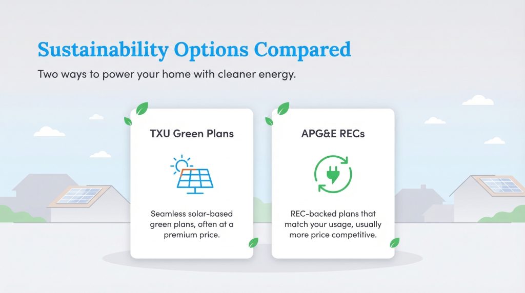 Infographic shows TXU offers premium solar plans, and APG&E offers competitive REC-backed plans.