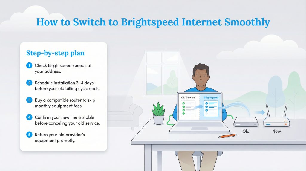 A five-step guide and illustration for switching internet service to Brightspeed smoothly.