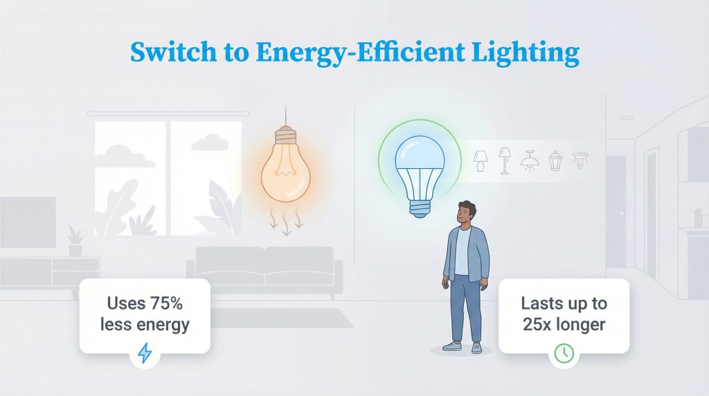 Infographic showing an LED bulb uses 75% less energy and lasts 25x longer than a traditional bulb.