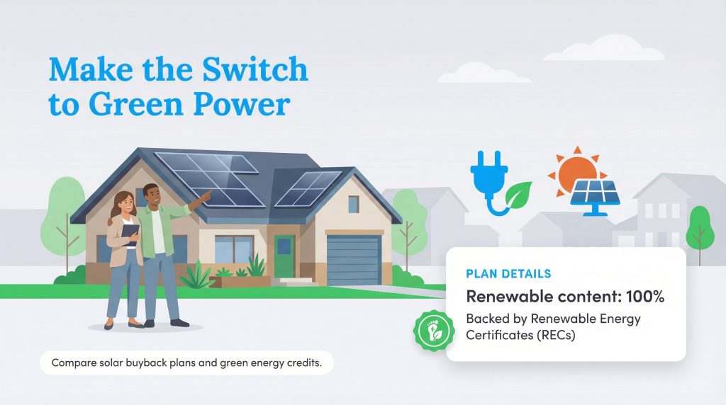 Couple and house with solar panels, next to a "Plan Details" box highlighting "100% Renewable content".
