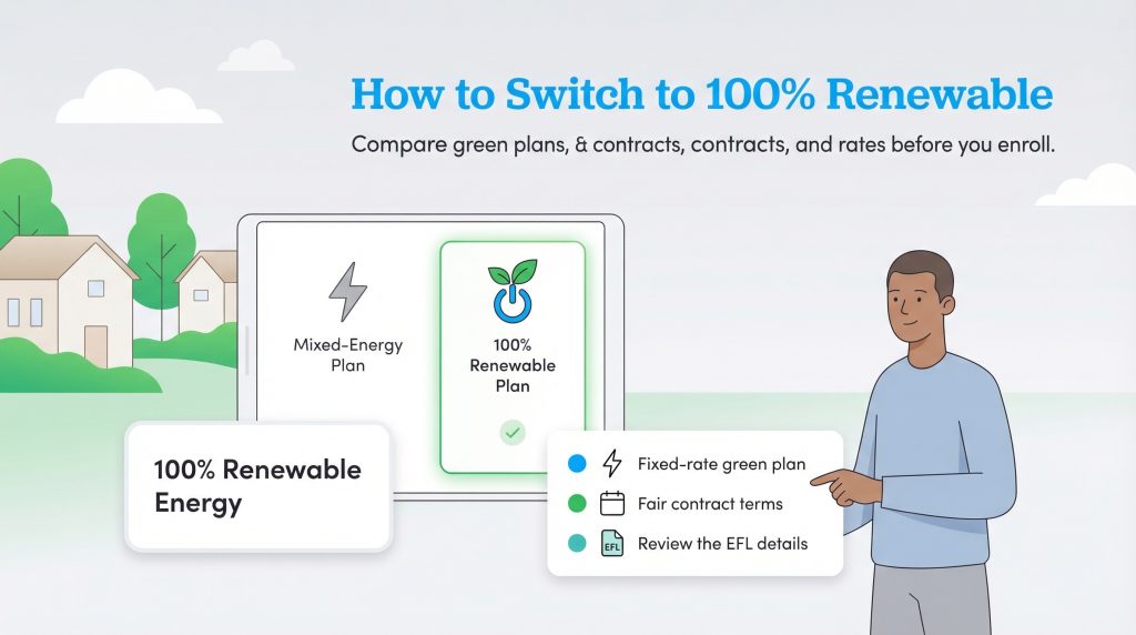 Man compares renewable energy plans on a tablet, highlighting a 100% renewable option and its key features.