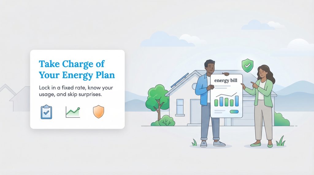 A couple reviews an energy bill illustration next to text about locking in a fixed rate to take charge.