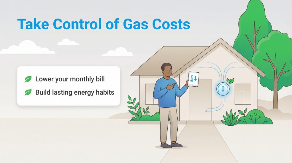Man with a tablet controlling a smart thermostat on a house to lower monthly bills.