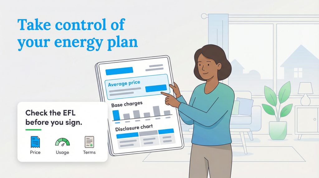A person holds a tablet showing an energy plan's average price, base charges, and disclosure chart.