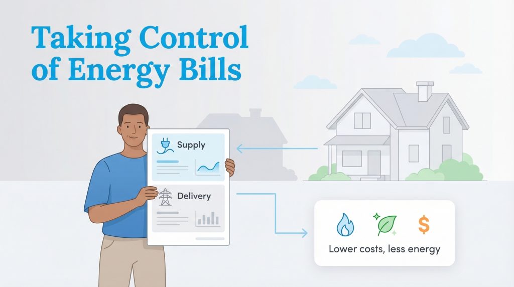 Man holds energy bill showing supply and delivery costs, leading to a home with lower costs and less energy.