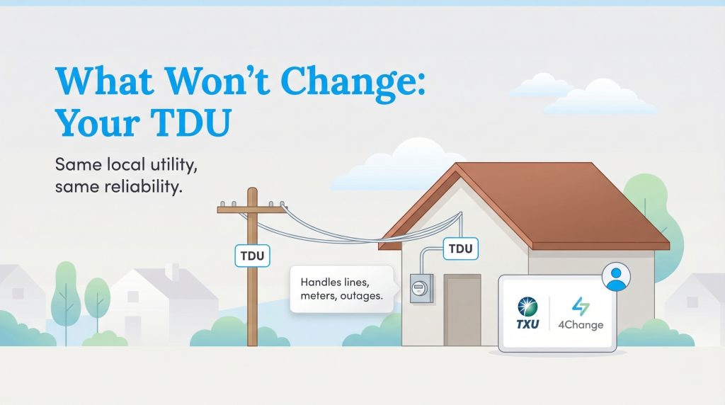 Infographic showing the TDU handles power lines, meters, and outages for a home.