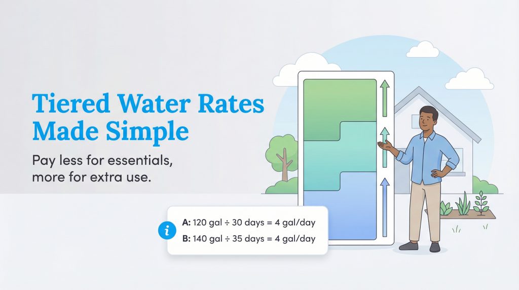 Infographic explaining tiered water rates with a man and a calculation for daily average usage.