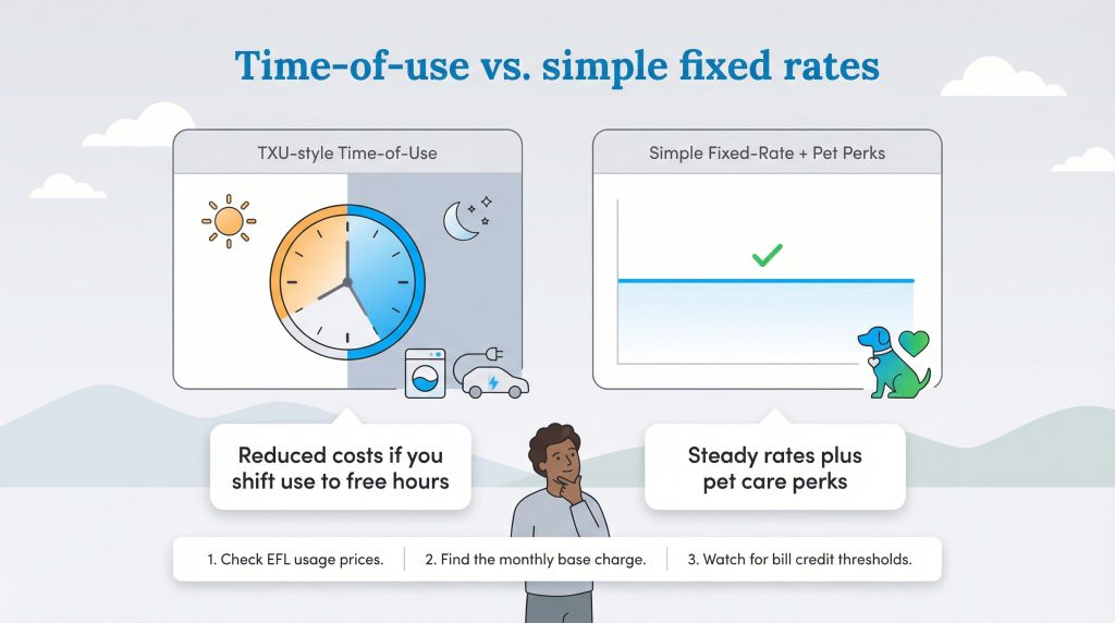 Infographic comparing TXU's time-of-use plan with free hours to a simple fixed-rate plan with pet perks.